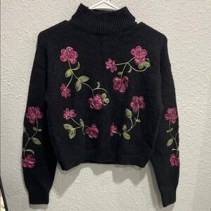 Alya Black and Pink Cowl Turtleneck Sweater with Floral Embroidery